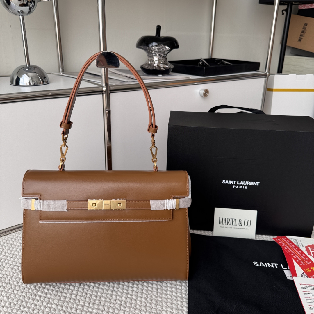 TOP HANDLE LEATHER BAG, CALFSKIN – BROWN