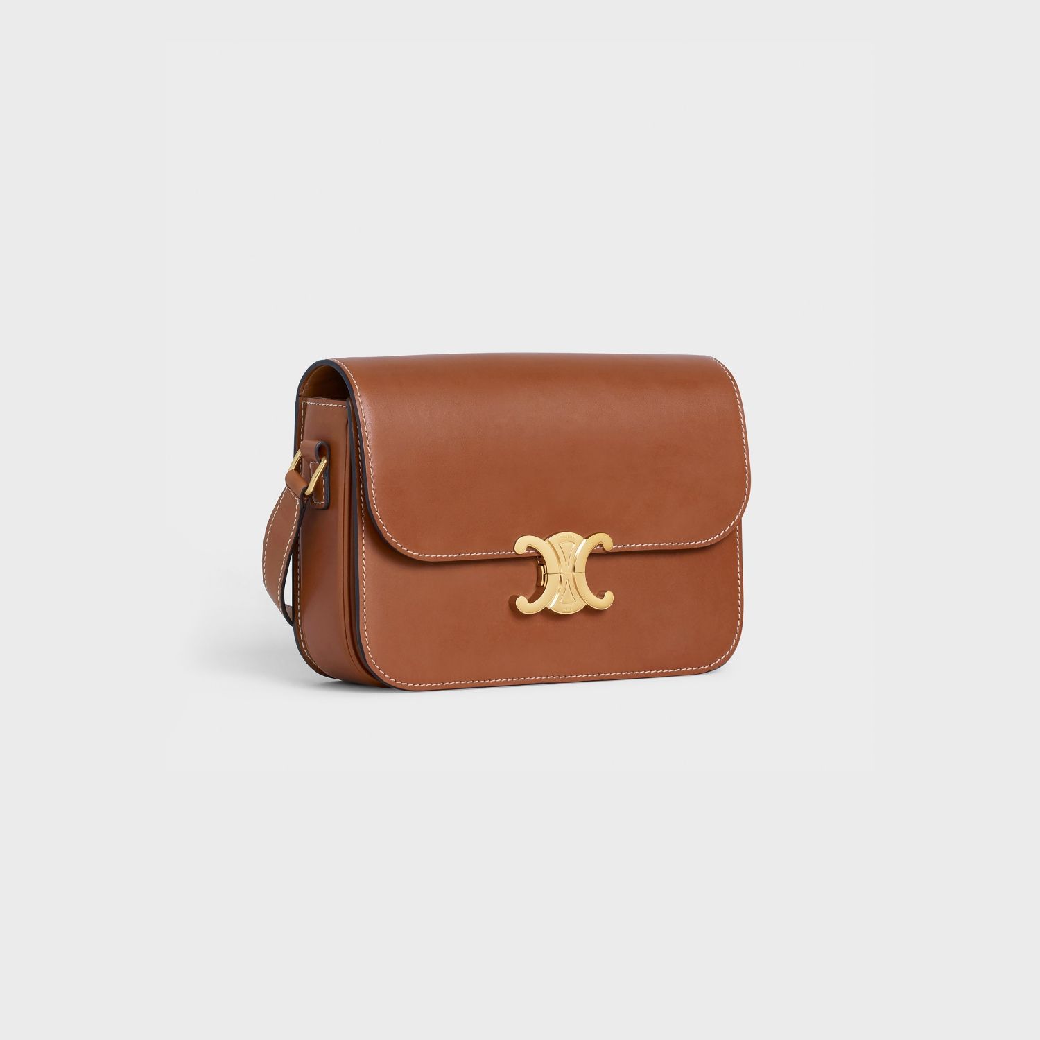 CLASSIC SHOULDER BAG, SHINY CALFSKIN – TAN