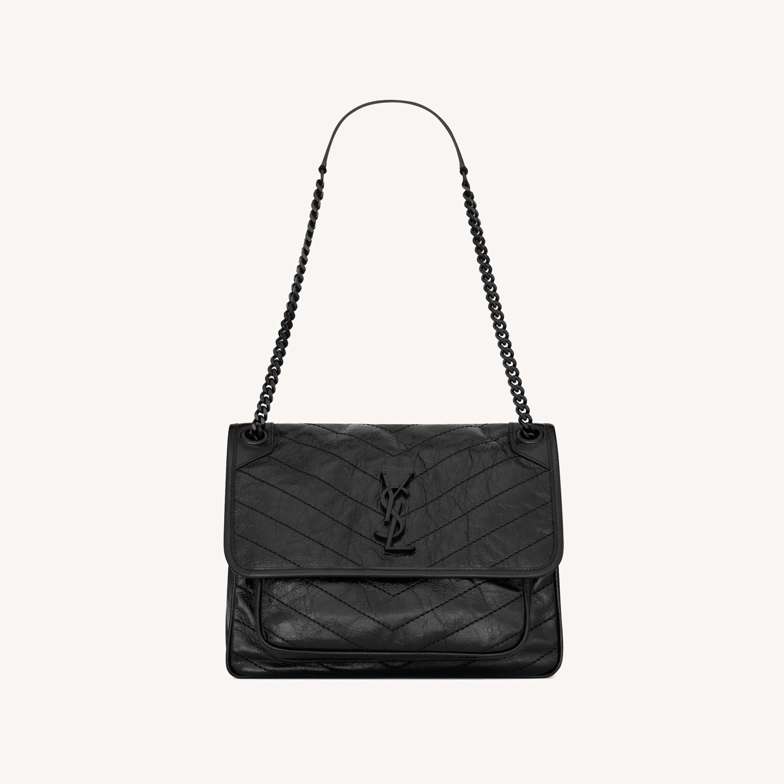 MEDIUM SHOULDER BAG, GRAINED LAMBSKIN – BLACK
